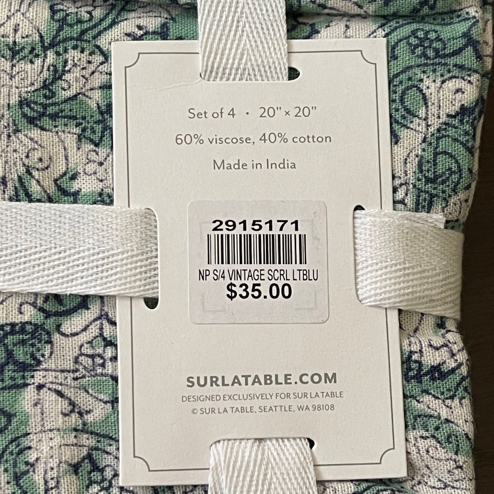 Sur La Table vintage scroll Blue Teal Cloth Napkins 20"x20" (set of 12) NWT! - Picture 5 of 8